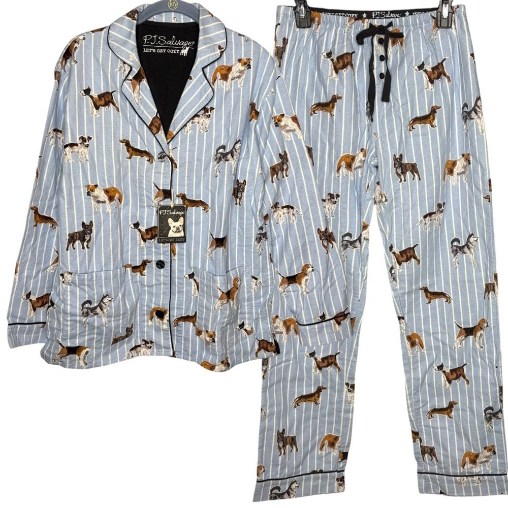 PJ Salvage Flannel Cotton Pajama Set Doggone Tired Dog Print NWT size xs blue - Picture 3 of 10